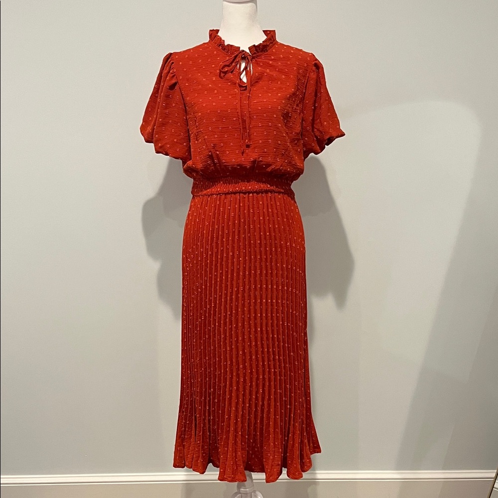 Burnt Orange Tie-Neck Pleated Midi Dress - Women's